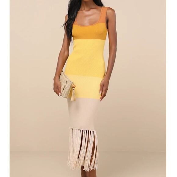 Lulus NWOT Delfi Yellow Color Block Fringe Stretchy Sweater Midi Bodycon Dress - Picture 1 of 11